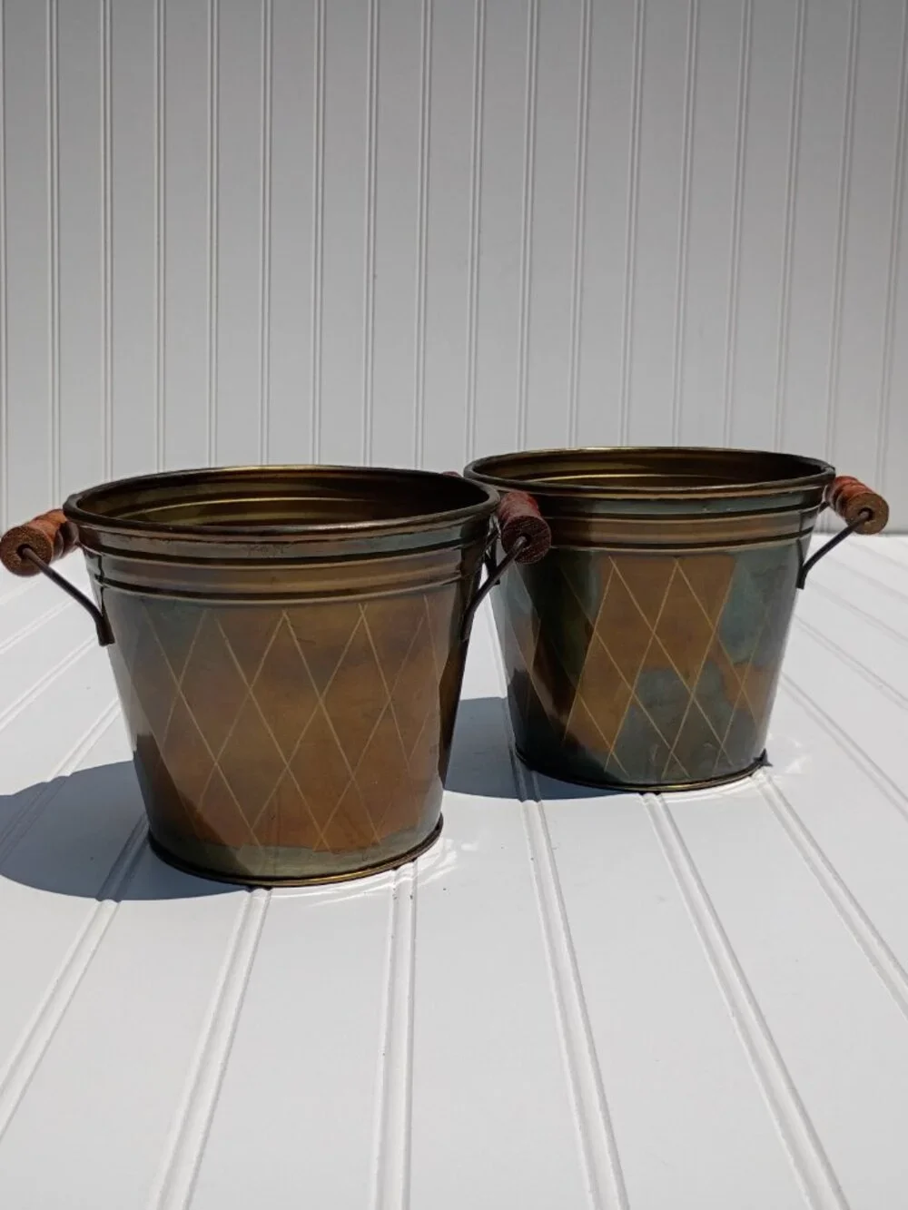 Vintage Brass Planters with Wooden Handles Set of 2 Diamond Pattern Pot Cachepot
